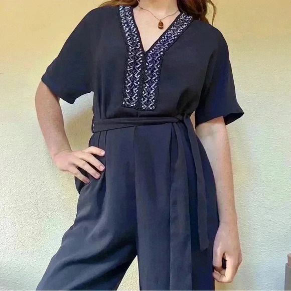 French connection navy blue jumpsuit with beaded neckline - Picture 1 of 10